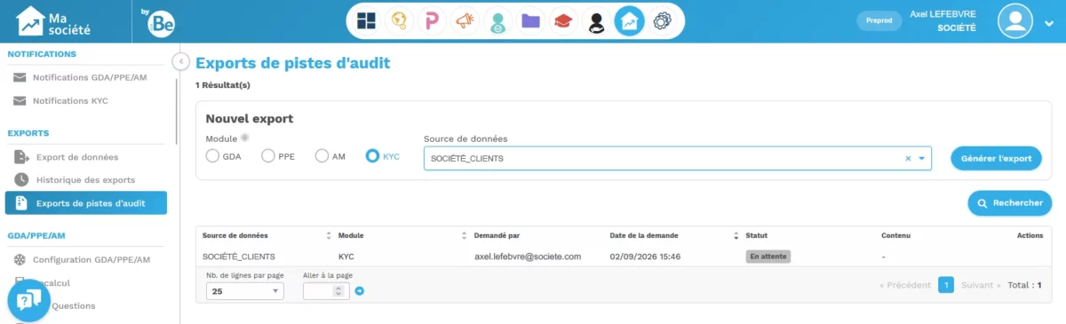 interface beclm pour l'export de pistes d'audit