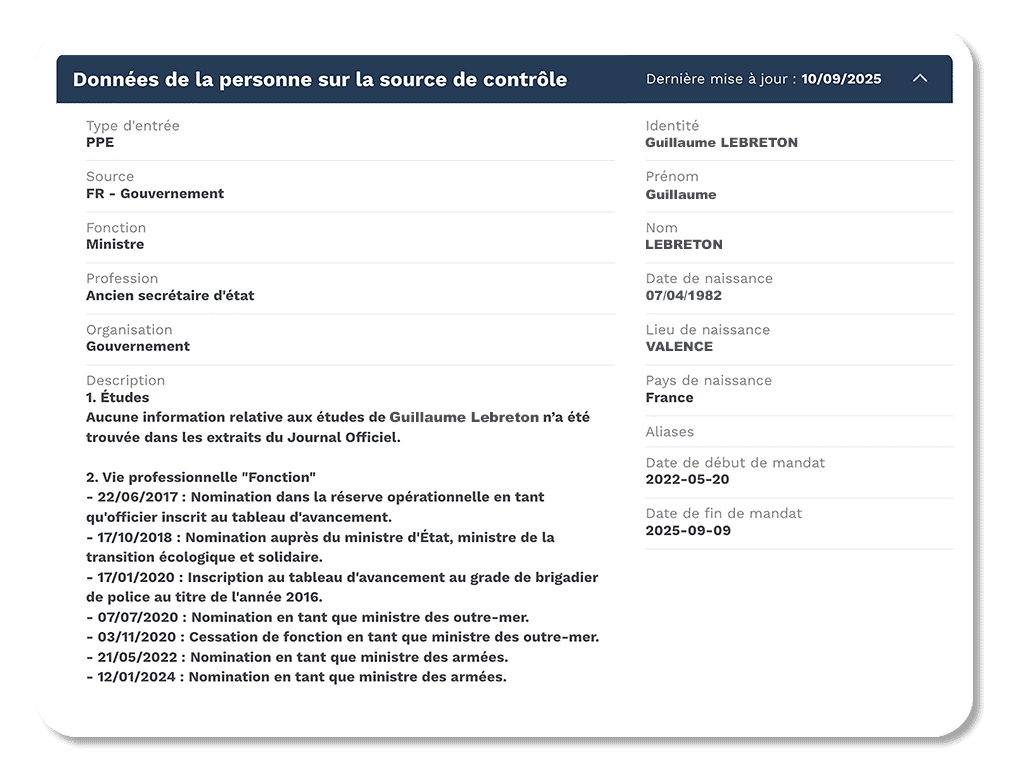données informations d'une personne politiquement exposée dans beclm