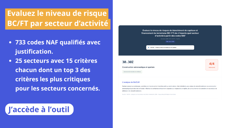 Bannière pour accéder à l'outil pour évaluer le niveau risque BC-FT par secteur d'activité