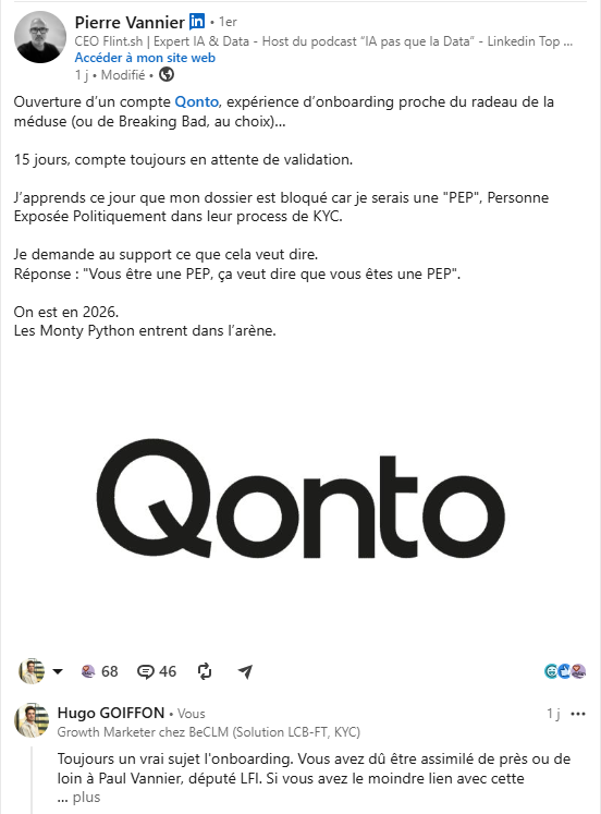 Publication LinkedIn décrivant un problème d'onboarding de 15 jours avec la banque Qonto